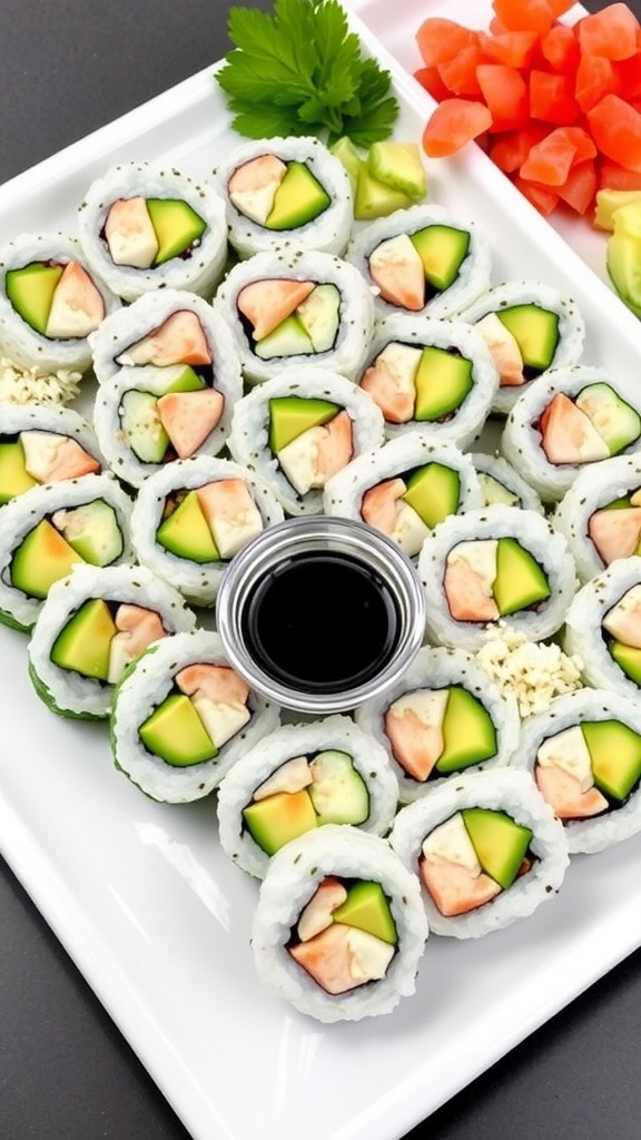 California rolls sushi with avocado, crab, and cucumber on a plate, served with soy sauce and garnishes.